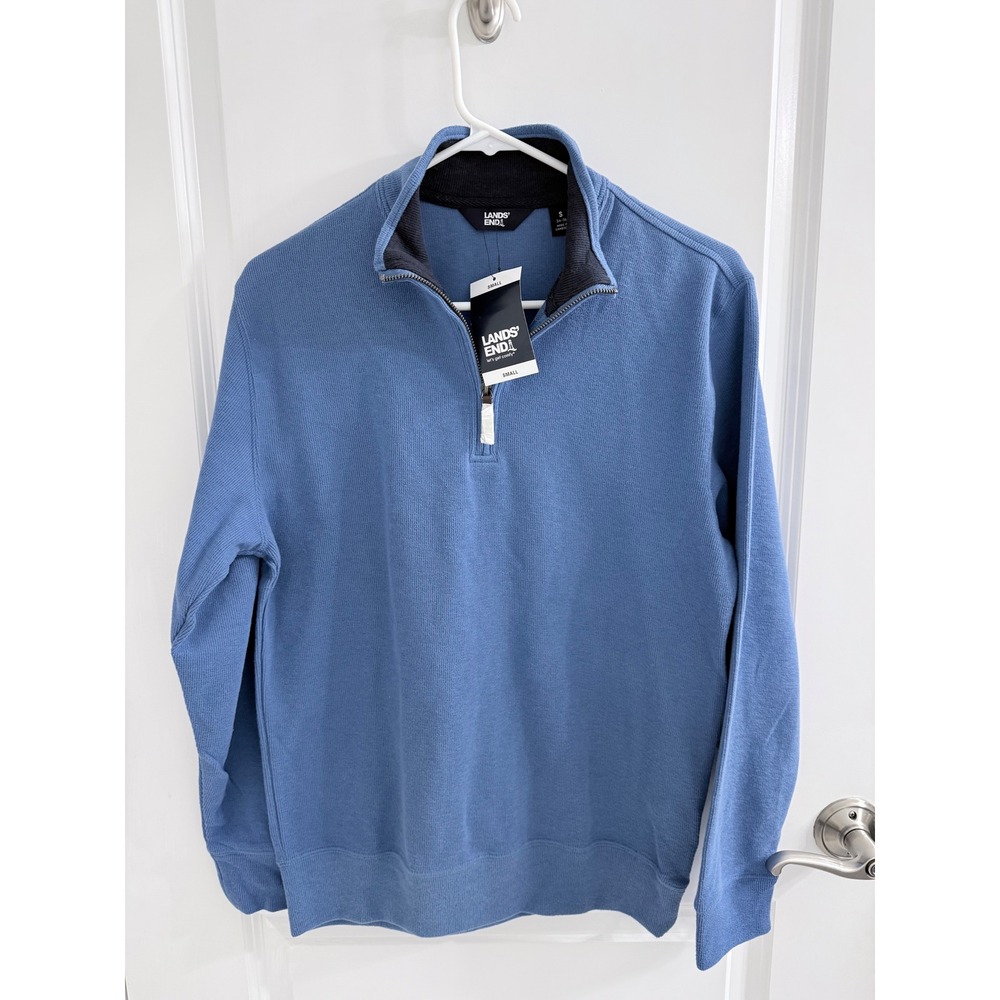 Lands End Mens Drifter Quarter Zip Sweater Blue Textured Knit Pullover Small NWT